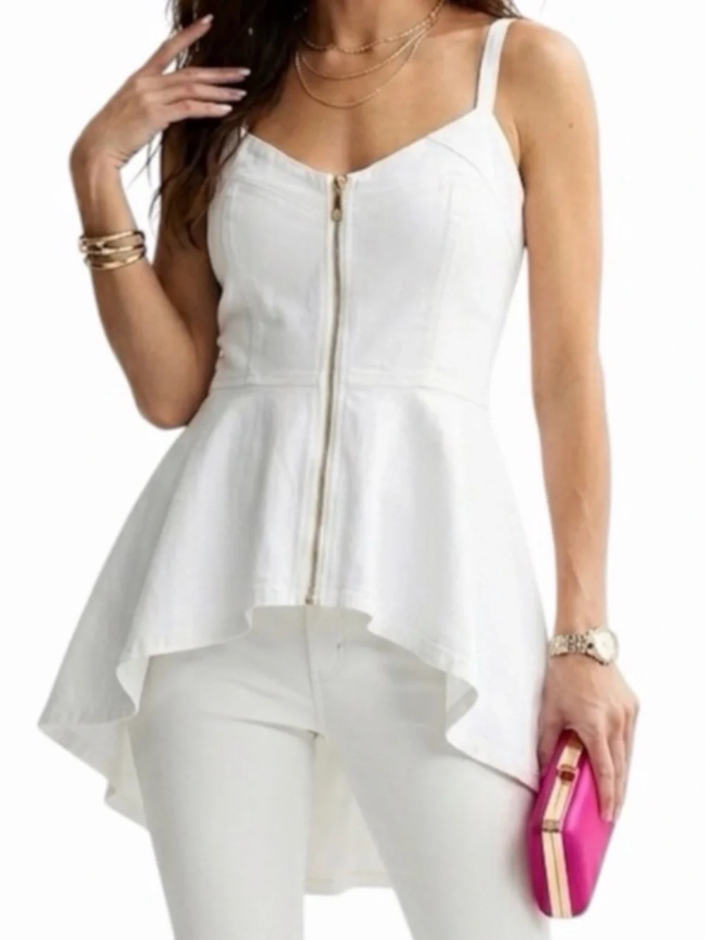 Thalia Sodi White Zip-Front Peplum Tank Top
